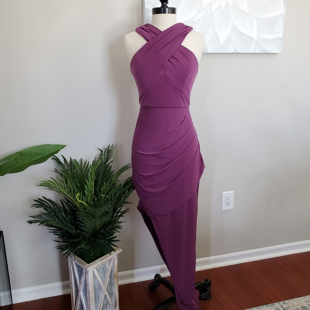 LUMIERE BY BARIANO X-Front High Leg Evening Dress (plum)